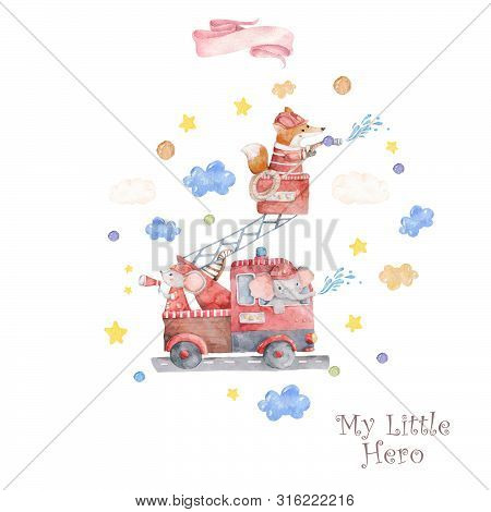 Watercolor Rescue Kit. Little Heroes The Fire Rescue Funny Cartoon, Hand Drawn Colorful Illustration