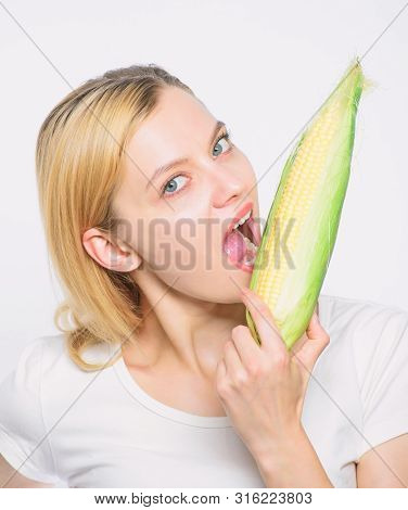 Agriculture And Cultivation. Happy Woman Eating Corn. Vegetable Harvest. Corn Crop. Vitamin And Diet