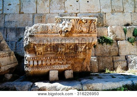 Details Ruins Of Jupiter Temple And Great Court Of Heliopolis In Baalbek, Bekaa Valley Lebanon
