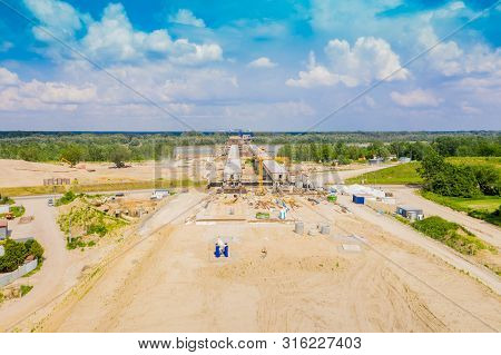 Aerial View Of Highway Bridge Under Construction. Poland Warsaw. S2 Road