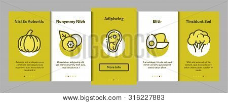 Collection Healthy Food Vector Onboarding Mobile App Page Screen. Vegetable, Fruit And Meat Healthy 