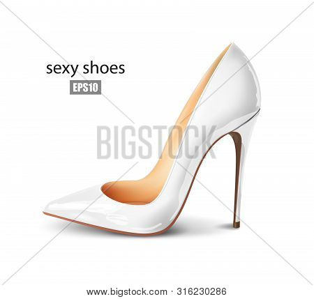 Beautiful Female White Pump On A White Background, Sexy Shoes, Classic. High-heeled Shoes, Patent Le