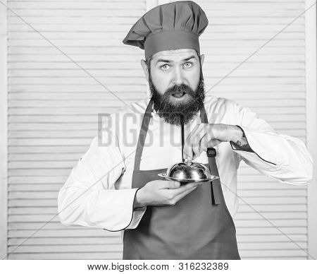 What Is Under Lid. Delicious Meal Presentation. Haute Cuisine Characterized Meticulous Preparation A