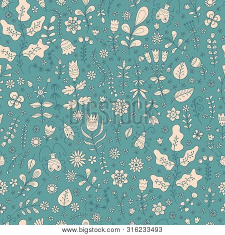 Summer Floral Seamless Pattern With Leaves And Flowers On Turquoise  Background. Vector Contour Colo