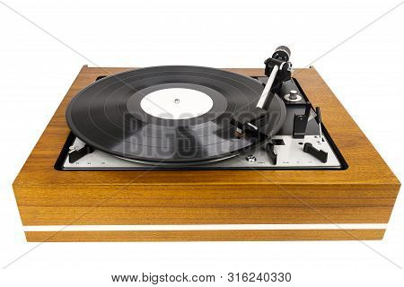 Vintage Turntable Vinyl Record Player Isolated On White. Wooden Plinth. Retro Audio Equipment.