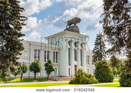 Moscow, Russia - July 22, 2019: Pavilion Meat Industry On Vdnh In Moscow Against Blue Sky With Cloud