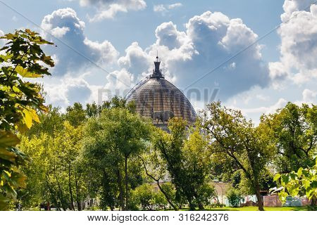 Moscow, Russia - July 22, 2019: Glass Dome Of Kosmos Pavilion On Vdnh In Moscow At Sunny Summer Morn