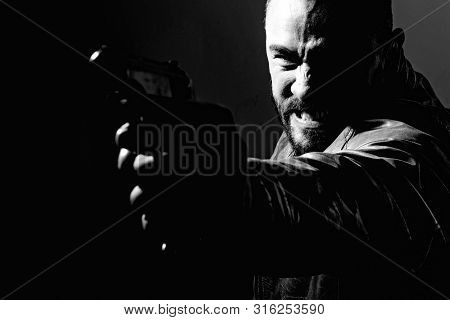 Killer Or Murderer Concept. Mafia Killer Going To Shot Someone. Finish Him. Kill Them All. Final Sho