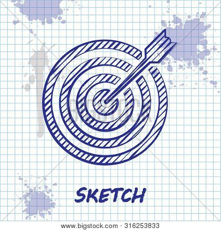 Sketch Line Target With Arrow Icon Isolated On White Background. Dart Board Sign. Archery Board Icon