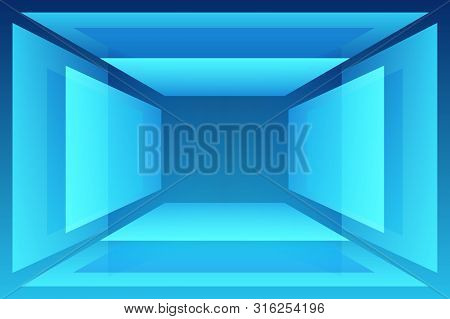 Blue Geometric Abstract Room With Pedestal Table For Your Object And Shadows. Beautiful Modern And U