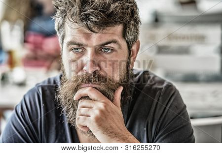 Thoughtful Mood Concept. Making Important Life Choices. Making Hard Decision. Man With Beard And Mus