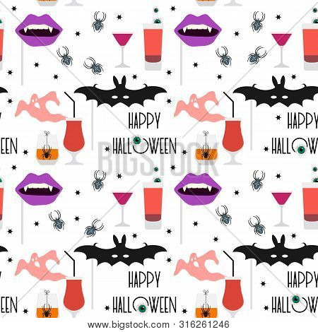 Halloween Party 2021. Vector Seamless Pattern With Inscription Happy Halloween, Eye, Bat Mask, Vampi