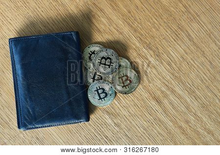 Crypto Currency Coin In Leather Wallet On Wide Wood Wooden Background Bitcoin Ethereum Litecoin Iota