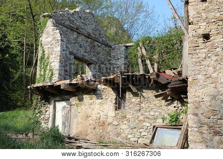 Old Abandoned House  After The Earthquake With Many Broken Walls