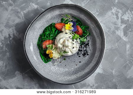 Burrata Salad With Strawberries And Seaweed, On A Gray Background. Salad With Buratta Cheese On A Gr