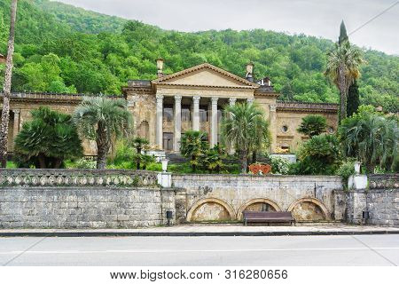Gagra, Abkhazia - May 02, 2019: The Old Destroyed Building Of The Winter Theater Built In The 50s On