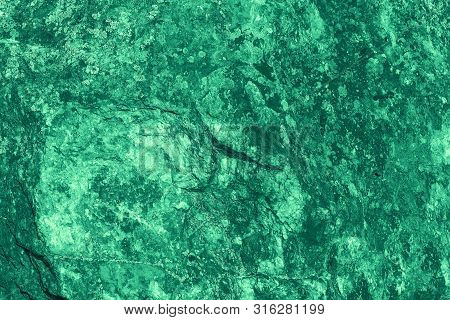 Vintage Green Background. Rough Painted Wall Of Emerald Color. Imperfect Plane Of Virid Colored. Une