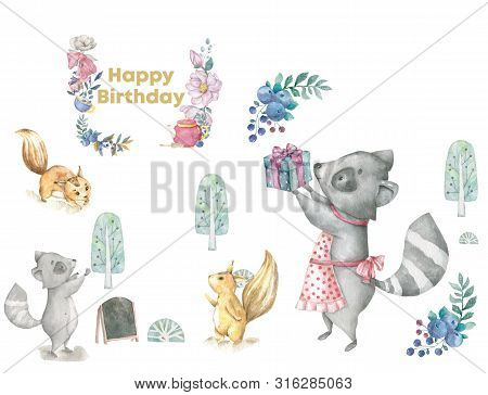 Greeting Card Illustration With Birthday Cake, Roccoon, Flowers And Chocolate Moon And Blue Pize Box