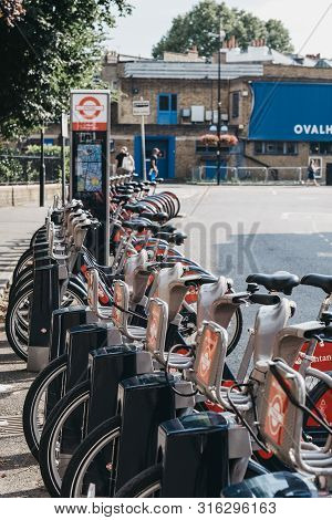 London, Uk - July 16, 2019: Santander Hire Cycles Docking Station By Kennington Oval, London. Santan