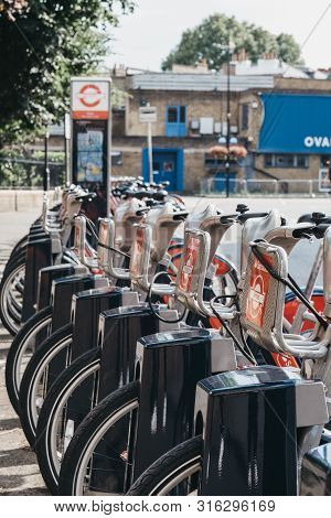 London, Uk - July 16, 2019: Santander Hire Cycles Docking Station By Kennington Oval, London. Santan