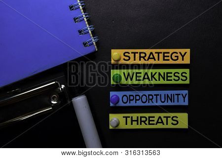 Strategy, Weakness, Opporunity, Threats (swot) Text On Sticky Notes Isolated On Black Desk. Mechanis
