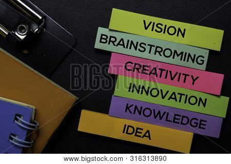Vision, Brainstroming, Creativity, Innovation, Knowledge, Idea Text On Sticky Notes Isolated On Blac