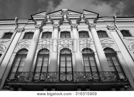 Stroganov Palace On Moika River Embankment In Saint Petersburg, Russia. Black And White.