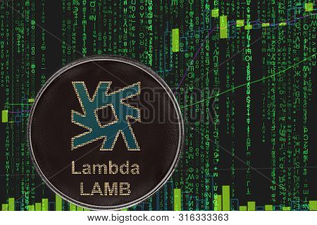 Token Lambda Lamb Cryptocurrency On The Green Matrix Background Of Binary Crypto Price Chart.