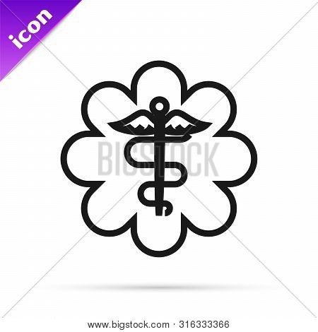 Black Line Emergency Star - Medical Symbol Caduceus Snake With Stick Icon Isolated On White Backgrou