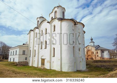 St. Nicholas Cathedral (1113) Close-up On April Day. Veliky Novgorod, Russia