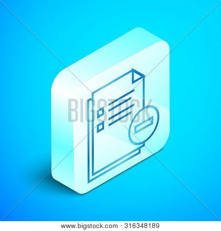 Isometric Line Document With Minus Icon Isolated On Blue Background. Clear Document. Remove File Doc
