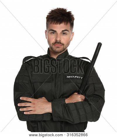 Male Security Guard In Uniform With Police Baton On White Background