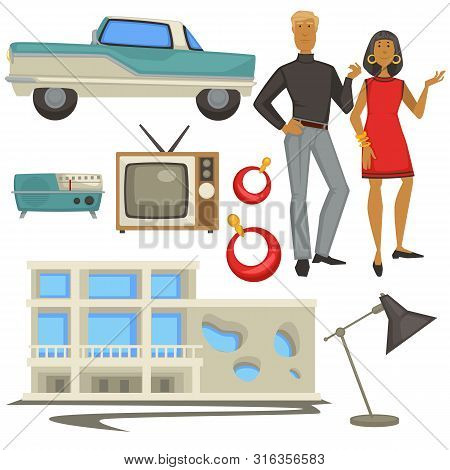 1960s Fashion Style And Architecture, Epoch Symbols, Man And Woman