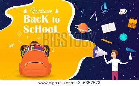 Back To School Banner With Backpack And School Items. Space Design Poster Back To School.