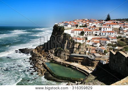 Azenhas Do Mar, Sintra, Lisbon, Portugal- March 19, 2019: Beautiful Azenhas Do Mar Village Perspecti