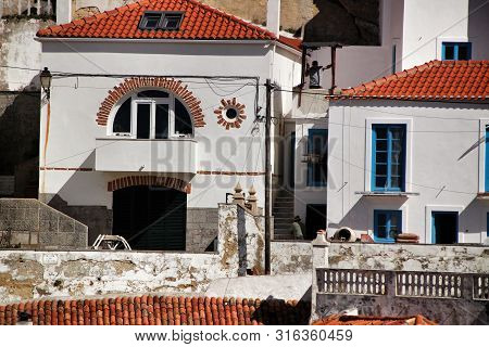 Azenhas Do Mar, Sintra, Lisbon, Portugal- March 19, 2019: Beautiful Narrow Streets, White Houses And