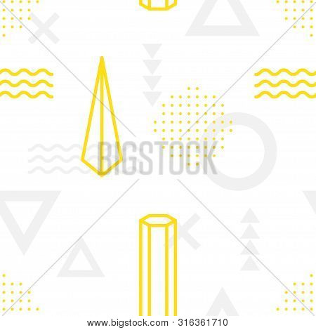Abstract Geometric Seamless Patternt Of Various Symbols In Memphis Style. Retro Funky Graphic, 90s T