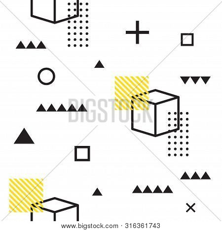 Abstract Geometric Seamless Patternt Of Various Symbols In Memphis Style. Retro Funky Graphic, 90s T