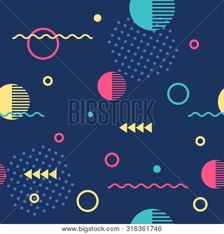 Abstract Geometric Seamless Patternt Of Various Symbols In Memphis Style. Retro Funky Graphic, 90s T
