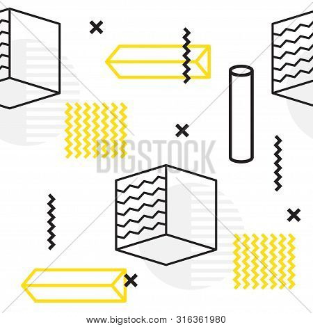 Abstract Geometric Seamless Patternt Of Various Symbols In Memphis Style. Retro Funky Graphic, 90s T