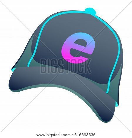 Dark Esports Cap, Hat On Isolated Background, Bright Flat Icon With Pink And Blue Colors. Cap With E