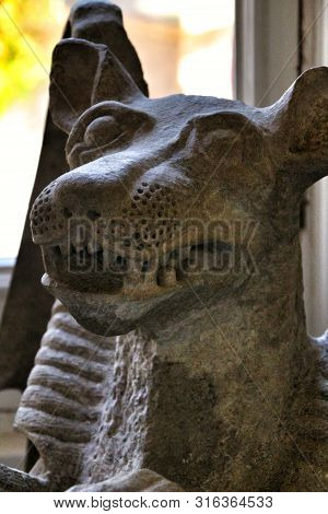 Sintra, Lisbon, Portugal- March 18, 2019: Beautiful Stone Quimera Sculpture In Monserrate Palace