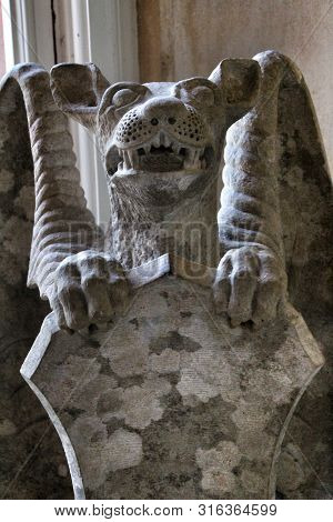 Sintra, Lisbon, Portugal- March 18, 2019: Beautiful Stone Quimera Sculpture In Monserrate Palace