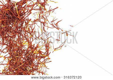 Lot Of Whole Dry Shaffron Thread Copyspace On Right Flatlay On White Background