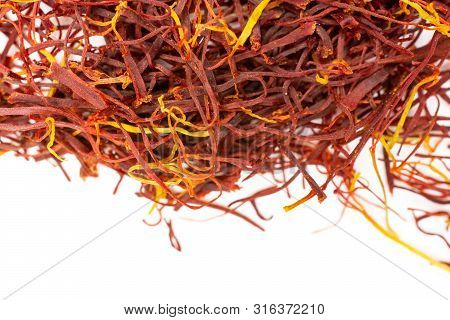 Closeup Of Lot Of Whole Dry Shaffron Thread Flatlay Isolated On White Background