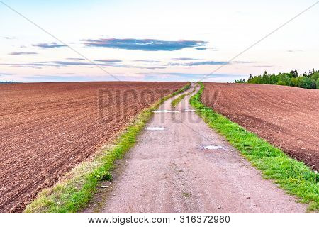 Country Road In Rural Agricultural Landscape. Red Soil Fields Around Nova Paka, Czech Republic