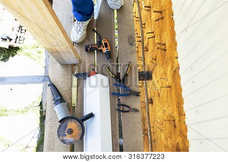 Construction Tools Angle Grinder, Angle Measuring Ruler, Pliers, Iron Scissors, Drill, Tape Measure.