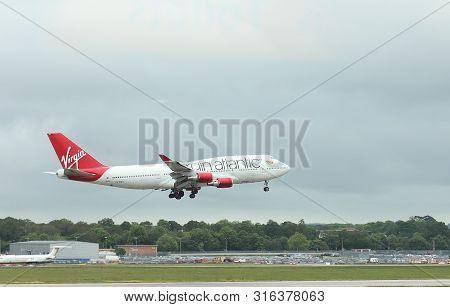 London England - May 31, 2019: Virgin Atlantic Airplane Takes Off At Gatwick Airport London England.