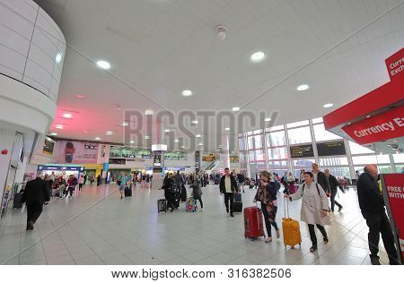 London England - May 31, 2019: Unidentified People Travel At Gatwick Airport London England.