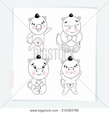 Cute Illustration. Vector Set With Hand Drawn Elements With  Little Dragon.